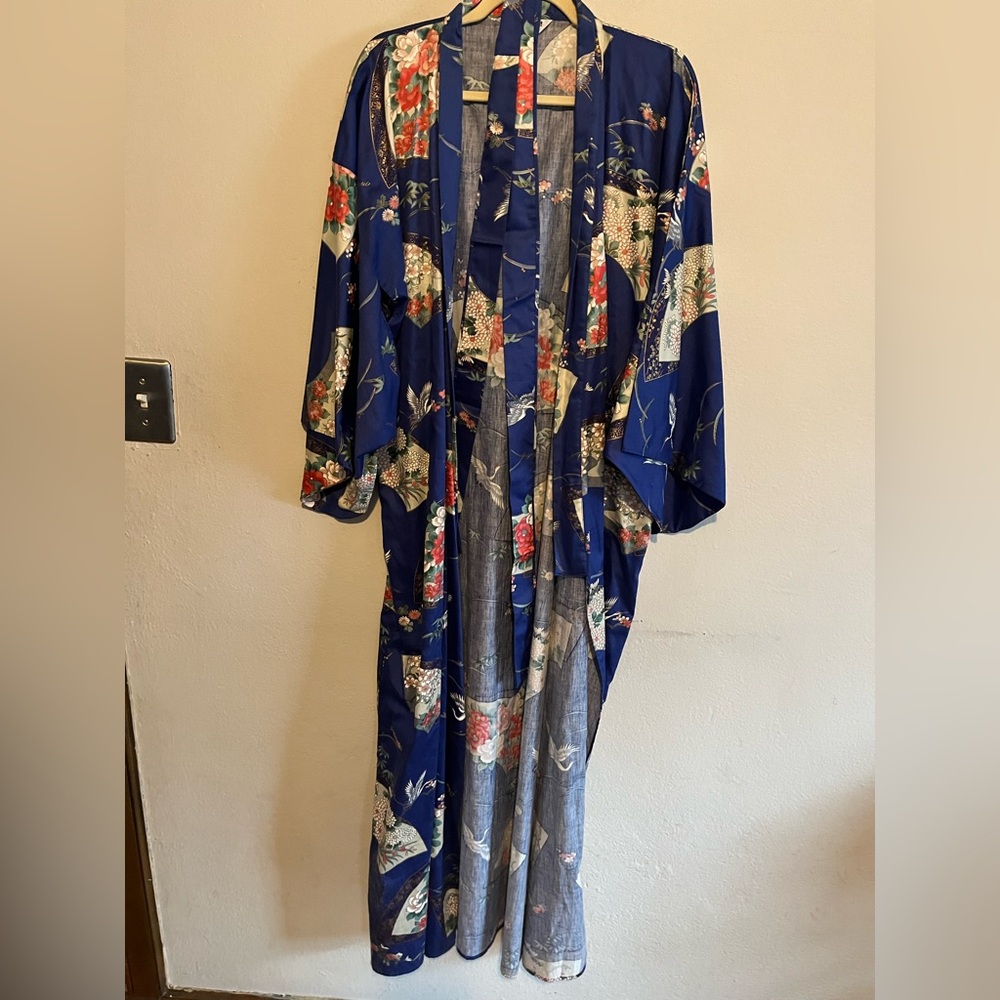 Vintage Ichi Ban Japanese Crane Fan 100% Cotton Kimono With Belt Size 56